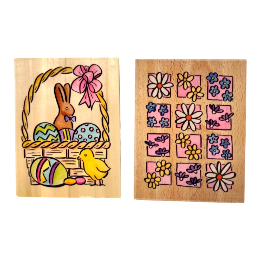 Large Easter Wood Rubber Mounted Stamper Craft Tool Vintage Rabbit,Eggs,Flowers